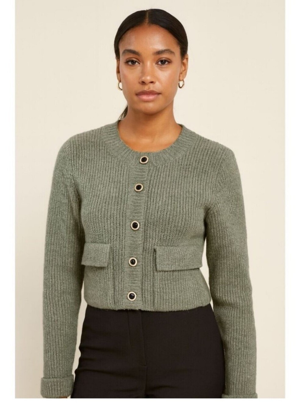 Christian Lacroix Olive Ribbed Cropped Button-Front Cardigan